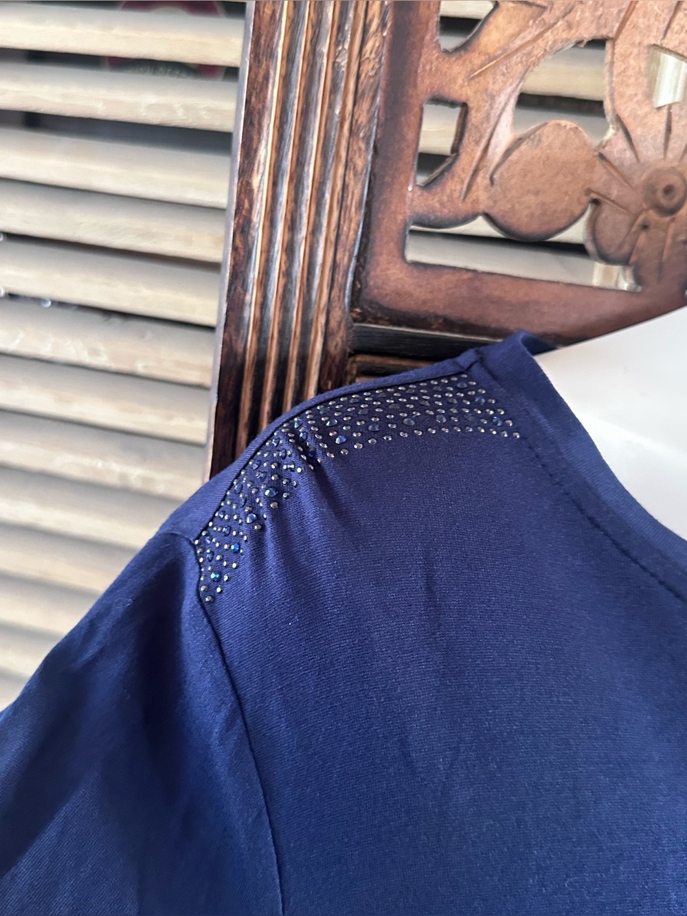 St. John Navy Blue Sequin Shoulder Detail Pull On Short Sleeved Top / Shirt.